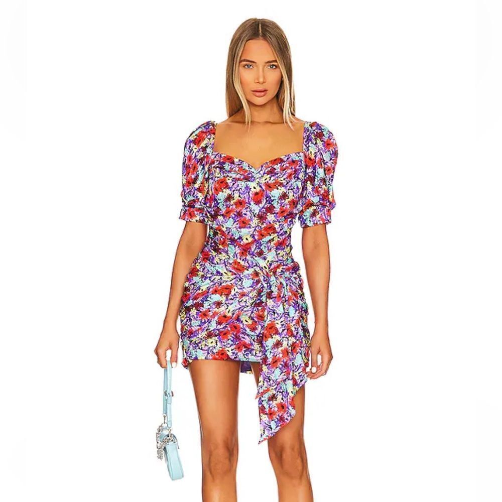 For Love And Lemons Chiarra dress mini floral print ruched party puff sleeve S